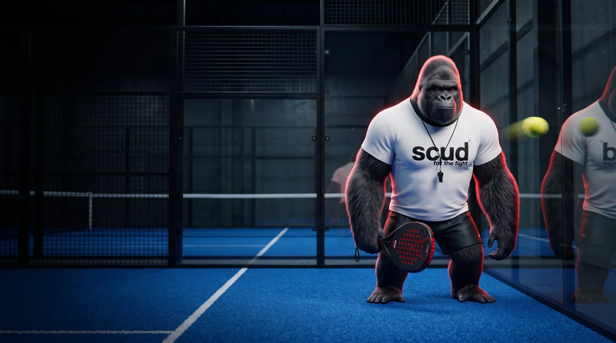 Ilustración: Coach SCUD, el gorila de la marca, en posición de defensa al fondo de una pista cubierta de noche, pala negra en mano, con una pelota que bota en el cristal a su lado