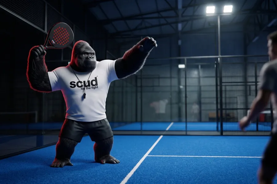 Illustration : Coach SCUD, le gorille de la marque, sur la moitié gauche d'une piste de padel couverte, arme un smash avec sa raquette noire et rouge, le bras libre tendu vers la balle, tandis que son partenaire, flou, se tient à droite au premier plan