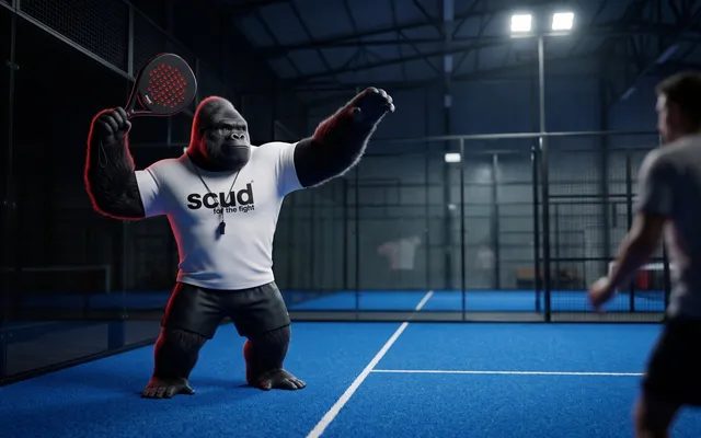 Illustration : Coach SCUD, le gorille de la marque, sur la moitié gauche d'une piste de padel couverte, arme un smash avec sa raquette noire et rouge, le bras libre tendu vers la balle, tandis que son partenaire, flou, se tient à droite au premier plan