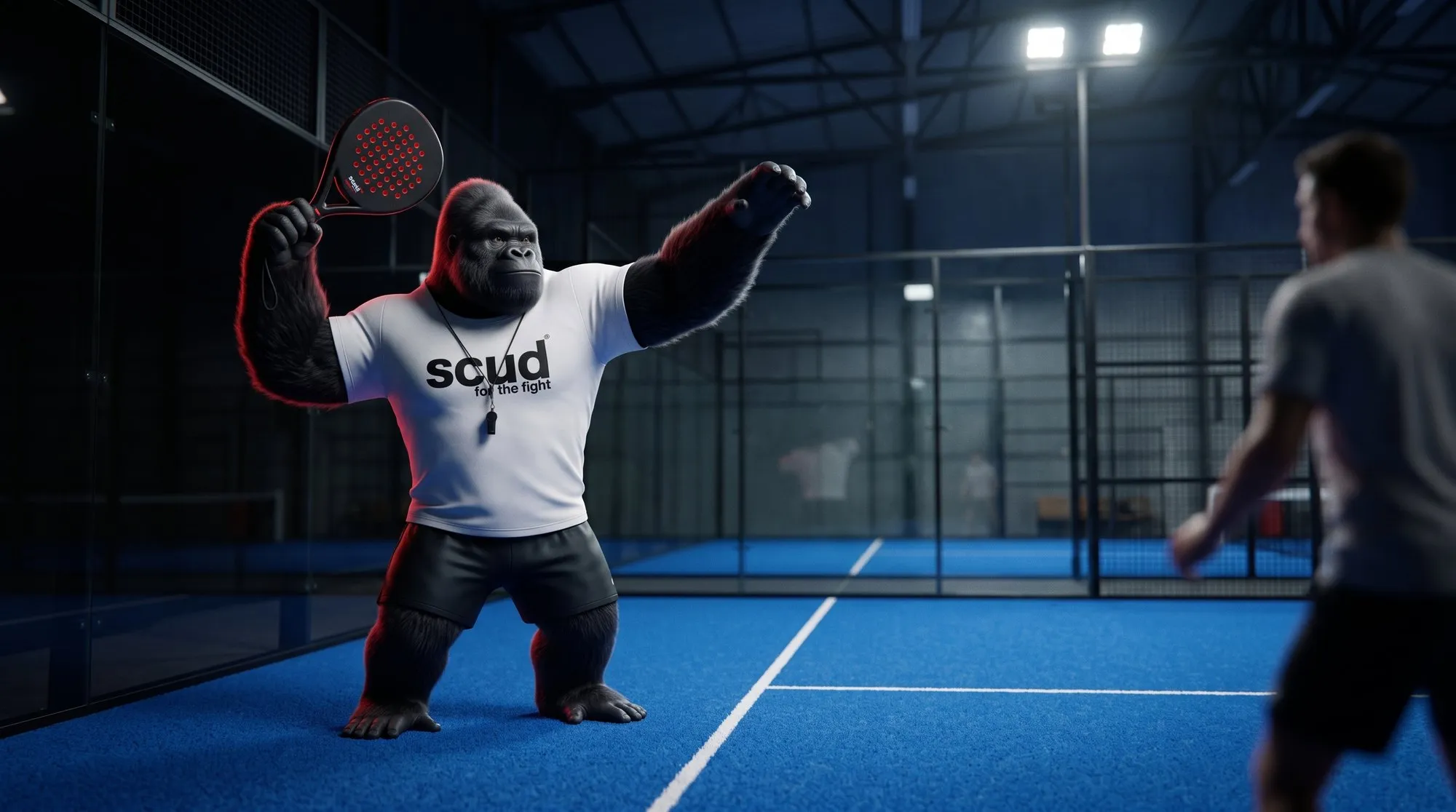 Illustration : Coach SCUD, le gorille de la marque, sur la moitié gauche d'une piste de padel couverte, arme un smash avec sa raquette noire et rouge, le bras libre tendu vers la balle, tandis que son partenaire, flou, se tient à droite au premier plan