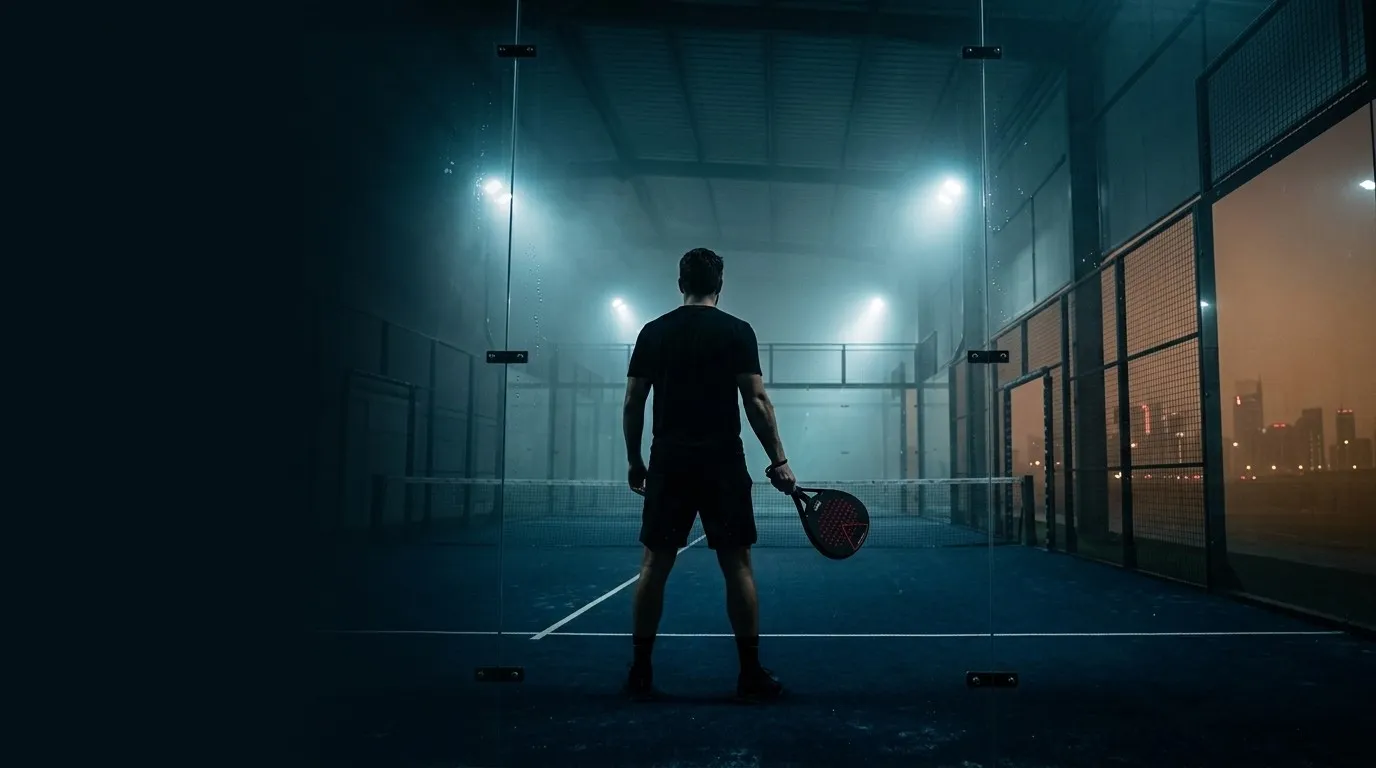 Joueur de padel vu de dos sur un court couvert illuminé de nuit, des tours éclairées visibles à travers les vitres dans une brume chaude
