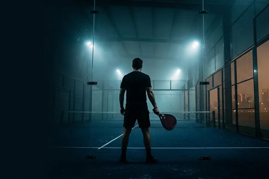 Jugador de pádel visto de espaldas en una pista cubierta iluminada de noche, con torres iluminadas que se ven a través de los cristales en una bruma cálida