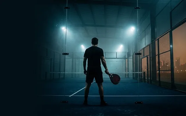 Joueur de padel vu de dos sur un court couvert illuminé de nuit, des tours éclairées visibles à travers les vitres dans une brume chaude