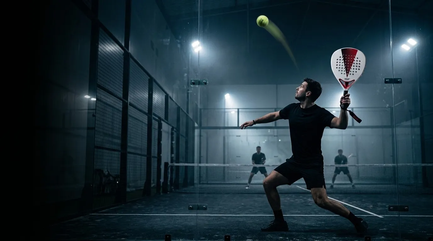 Joueur de padel au fond du court qui vient de lober avec la SCUD White S3, la balle qui monte vers les projecteurs au-dessus des adversaires