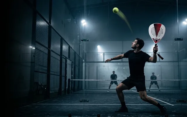 Joueur de padel au fond du court qui vient de lober avec la SCUD White S3, la balle qui monte vers les projecteurs au-dessus des adversaires