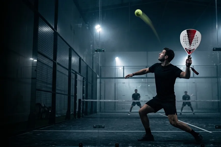 Joueur de padel au fond du court qui vient de lober avec la SCUD White S3, la balle qui monte vers les projecteurs au-dessus des adversaires