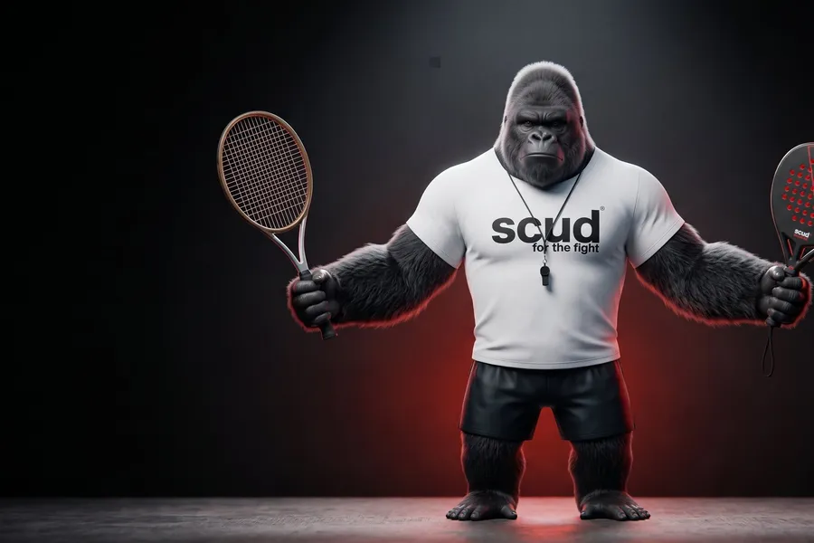 Ilustración: Coach SCUD, el gorila de la marca, sostiene una raqueta de tenis en una mano y una pala de pádel en la otra, sobre fondo rojo