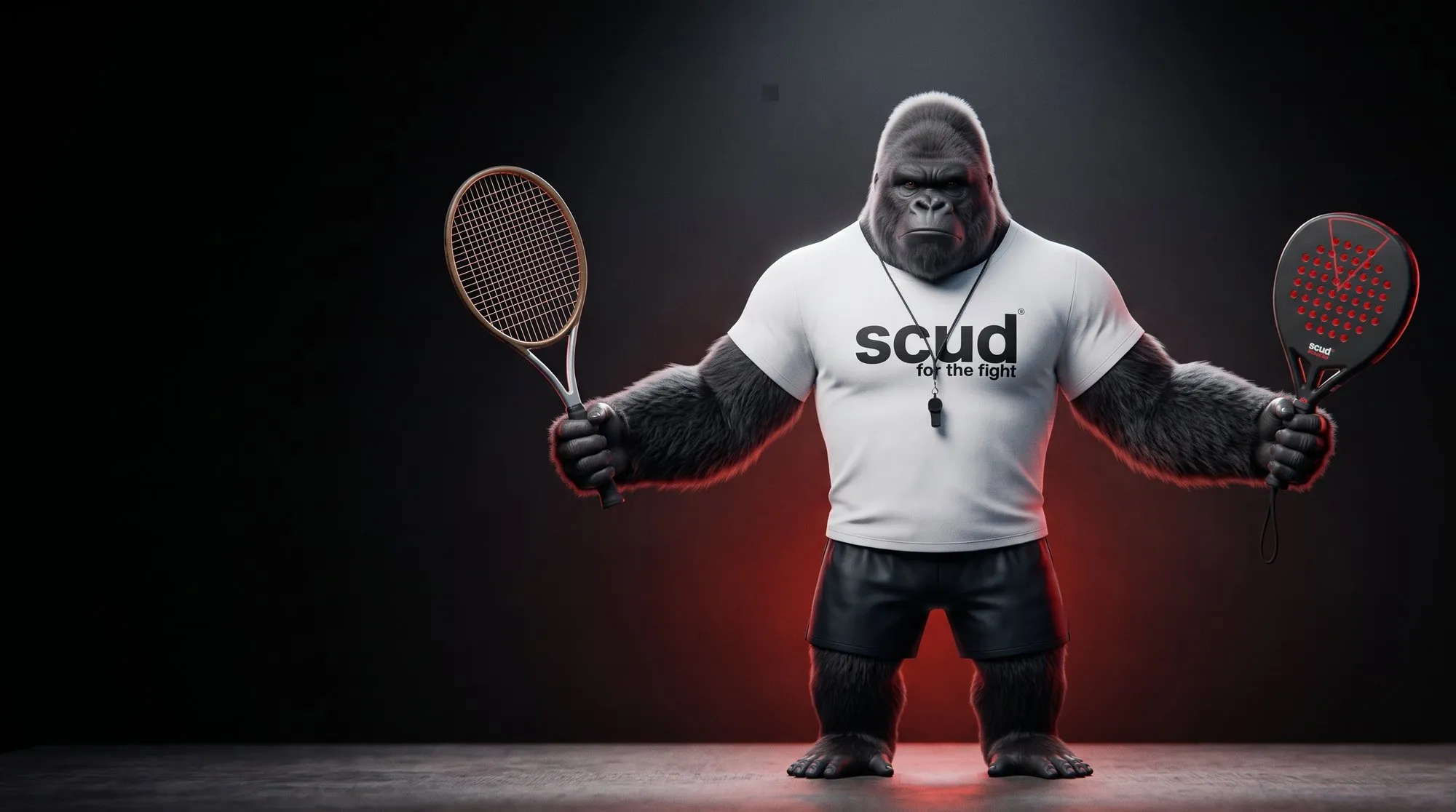 Illustration : Coach SCUD, le gorille de la marque, tient une raquette de tennis dans une main et une raquette de padel dans l'autre, sur fond rouge
