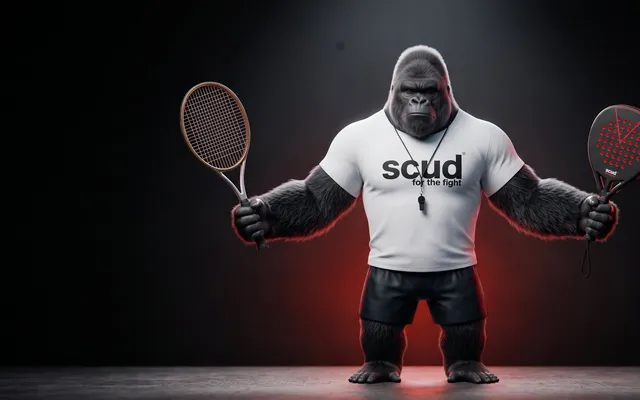 Ilustración: Coach SCUD, el gorila de la marca, sostiene una raqueta de tenis en una mano y una pala de pádel en la otra, sobre fondo rojo