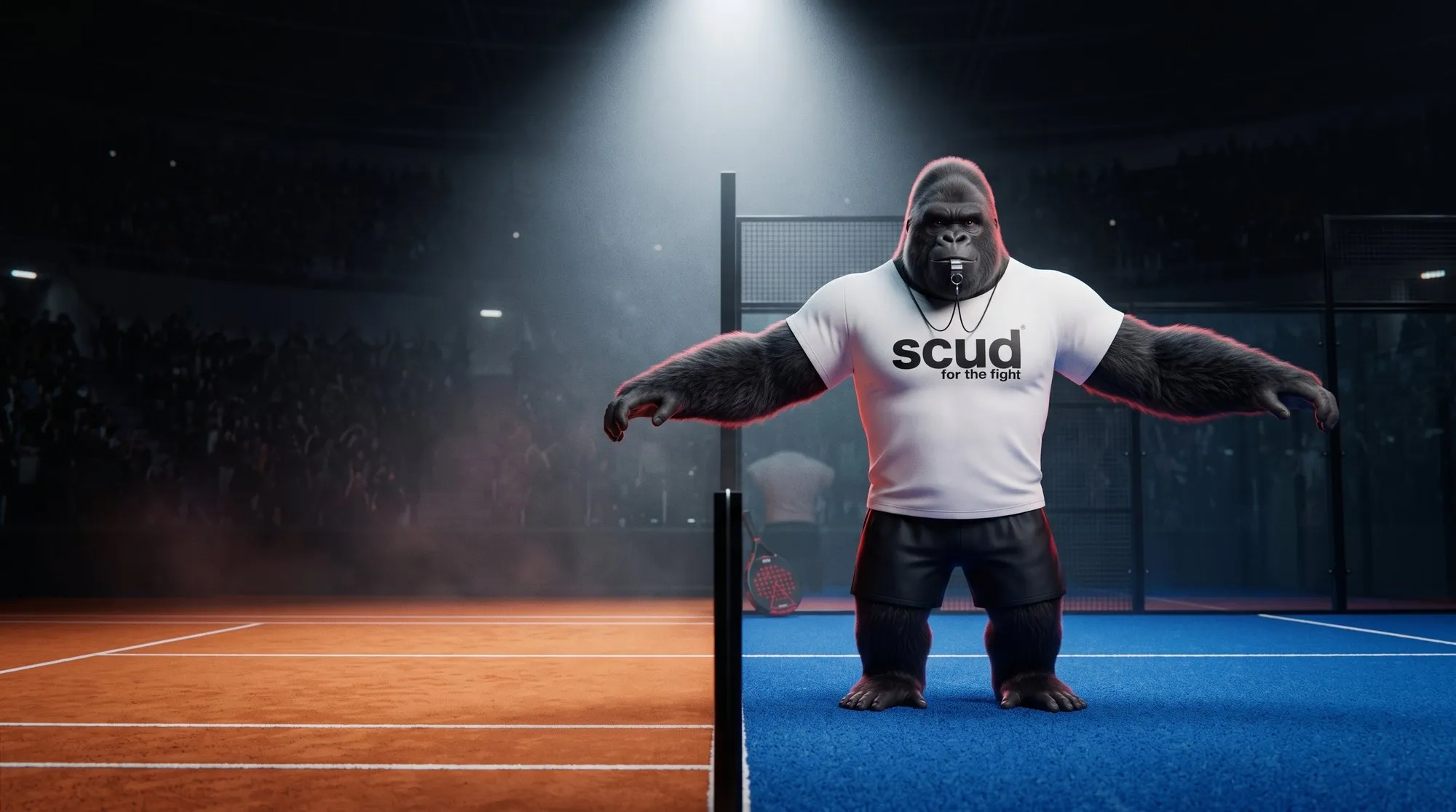 Illustration : Coach SCUD, le gorille de la marque, en arbitre au milieu d'un court coupé en deux, terre battue de tennis d'un côté et gazon bleu de padel de l'autre