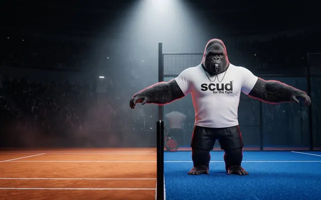 Ilustración: Coach SCUD, el gorila de la marca, como árbitro en medio de una pista partida en dos, con tierra batida de tenis a un lado y césped azul de pádel al otro