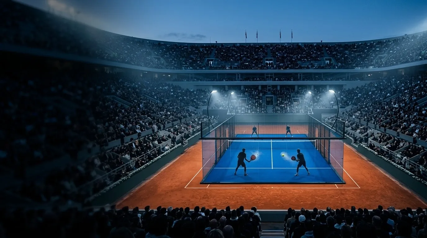 Court de padel bleu installé au cœur d'un grand stade de tennis en terre battue, tribunes pleines sous les projecteurs du soir (illustration)