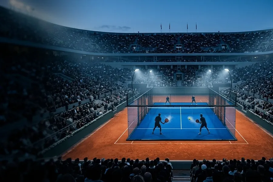 Court de padel bleu installé au cœur d'un grand stade de tennis en terre battue, tribunes pleines sous les projecteurs du soir (illustration)