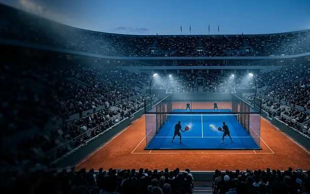 Court de padel bleu installé au cœur d'un grand stade de tennis en terre battue, tribunes pleines sous les projecteurs du soir (illustration)