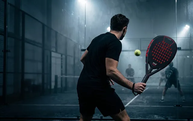 Joueur de padel vu de dos, en position d'attente avec la SCUD Black Impact B3, la balle qui arrive vers lui et deux adversaires au filet