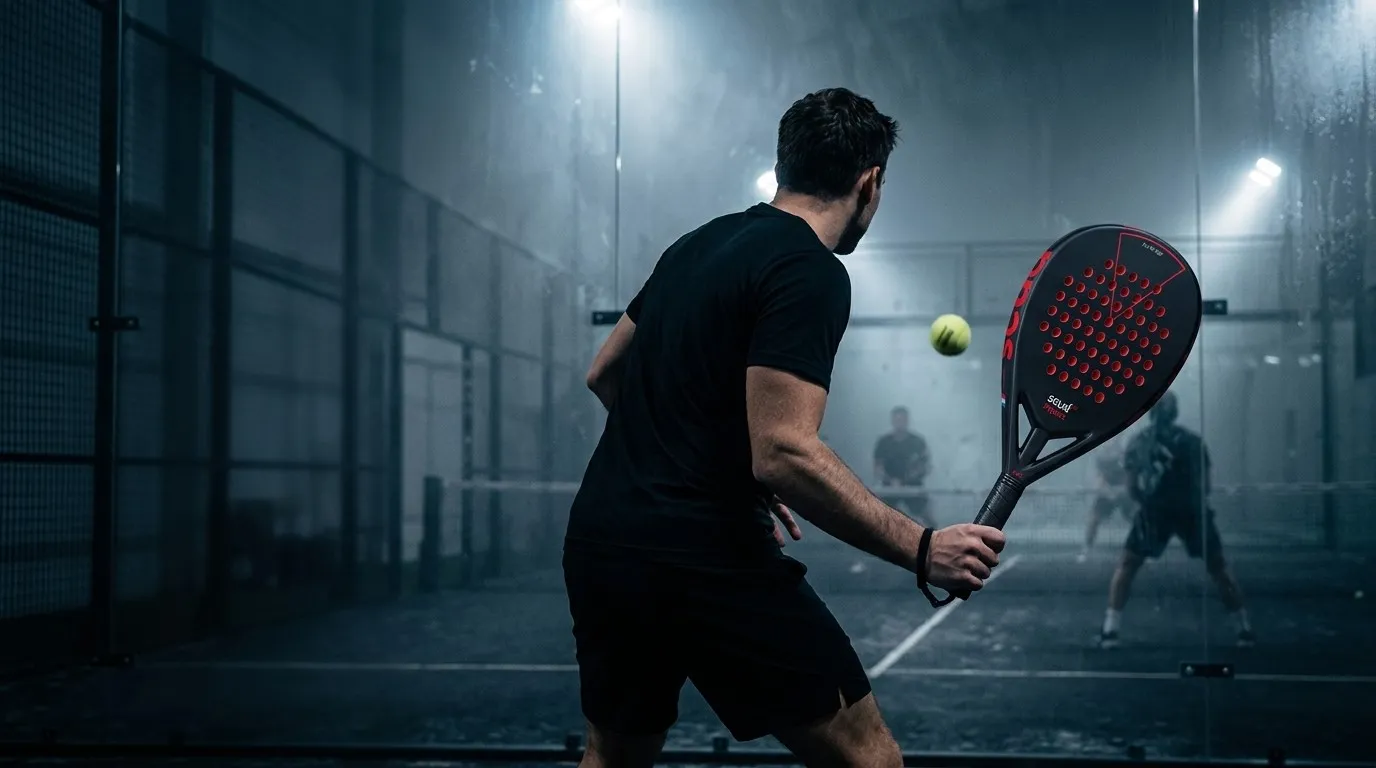 Joueur de padel vu de dos, en position d'attente avec la SCUD Black Impact B3, la balle qui arrive vers lui et deux adversaires au filet