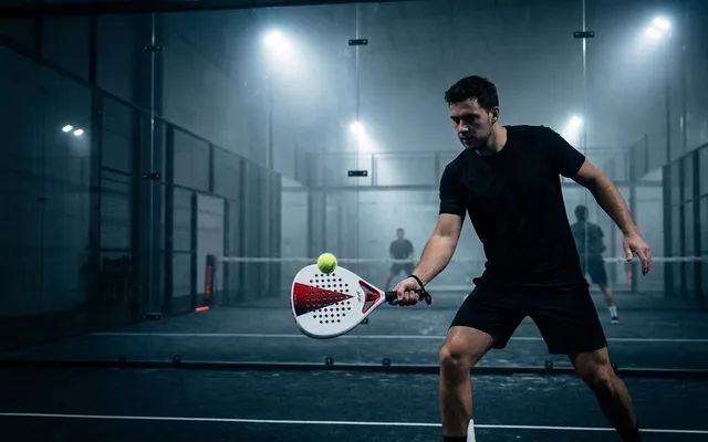 Joueur de padel qui sert à la cuillère avec la SCUD White S3, la balle frappée sous la ceinture, sur une piste couverte éclairée de nuit