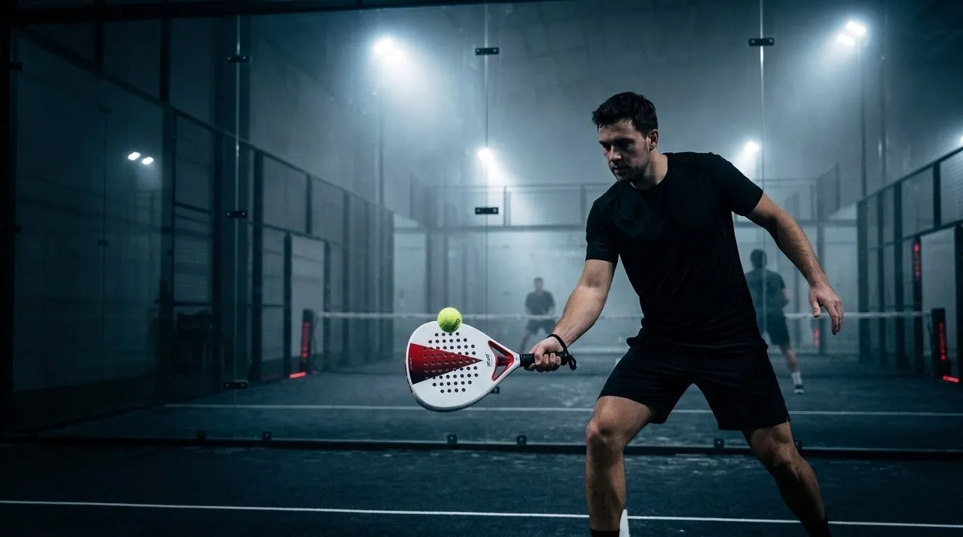 Joueur de padel qui sert à la cuillère avec la SCUD White S3, la balle frappée sous la ceinture, sur une piste couverte éclairée de nuit