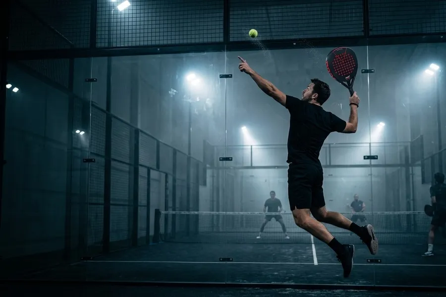Joueur de padel en suspension qui arme son smash avec la SCUD Black Impact B3, la main libre pointée vers la balle, sous les projecteurs