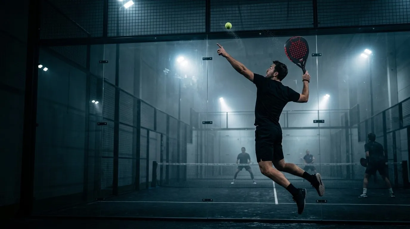 Joueur de padel en suspension qui arme son smash avec la SCUD Black Impact B3, la main libre pointée vers la balle, sous les projecteurs