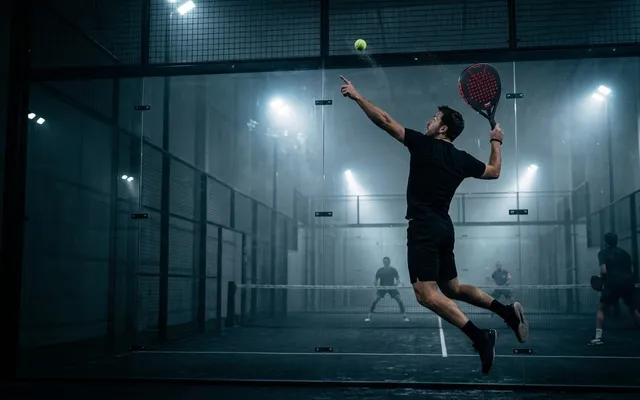 Joueur de padel en suspension qui arme son smash avec la SCUD Black Impact B3, la main libre pointée vers la balle, sous les projecteurs