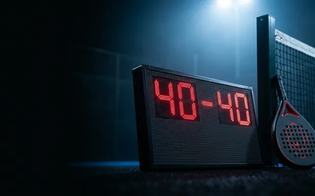 Tableau d'affichage lumineux au bord d'un court de padel la nuit, le score 40-40 en chiffres rouges, une raquette posée contre le poteau du filet
