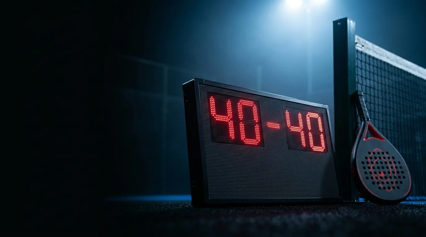 Tableau d'affichage lumineux au bord d'un court de padel la nuit, le score 40-40 en chiffres rouges, une raquette posée contre le poteau du filet