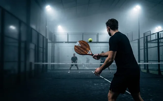 Joueur de padel au filet qui volleye avec la SCUD Wood W1, raquette devant lui à hauteur de poitrine, deux adversaires de l'autre côté du filet
