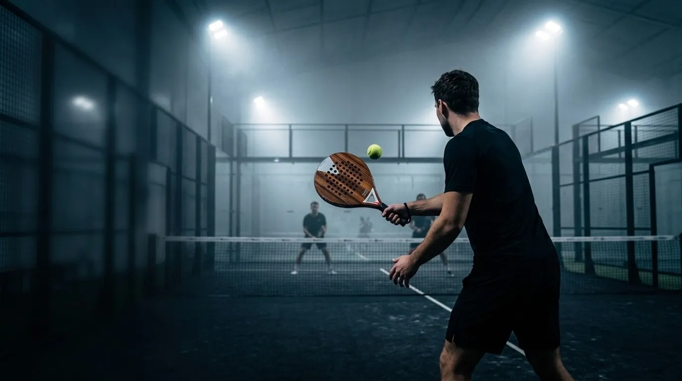 Joueur de padel au filet qui volleye avec la SCUD Wood W1, raquette devant lui à hauteur de poitrine, deux adversaires de l'autre côté du filet