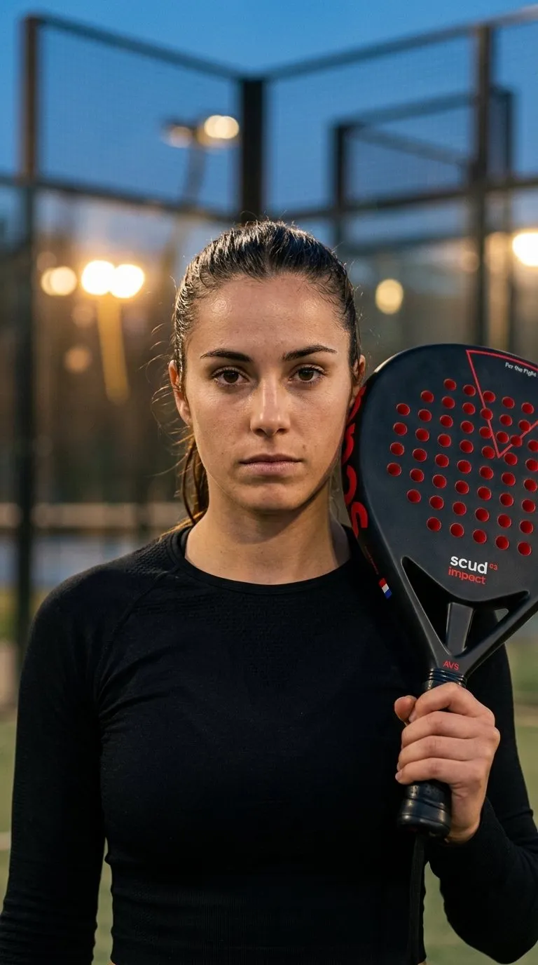 Portrait d’une joueuse de padel en tenue noire, regard droit vers l’objectif, raquette SCUD Black Impact noire à perforations rouges posée sur l’épaule, piste éclairée à la tombée de la nuit derrière elle