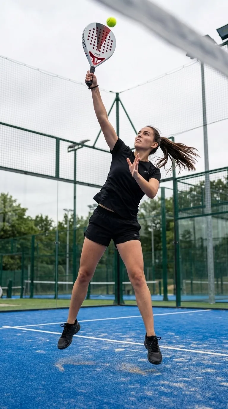 Joueuse de padel en noir qui saute pour frapper une balle haute bras tendu, raquette SCUD blanche et rouge levée, sur une piste extérieure bleue