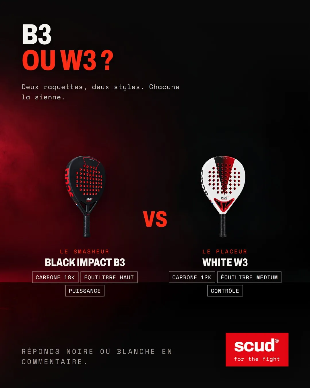 Visual de SCUD «B3 ou S3 ?»: la Black Impact B3 y la White S3 una junto a otra con sus características