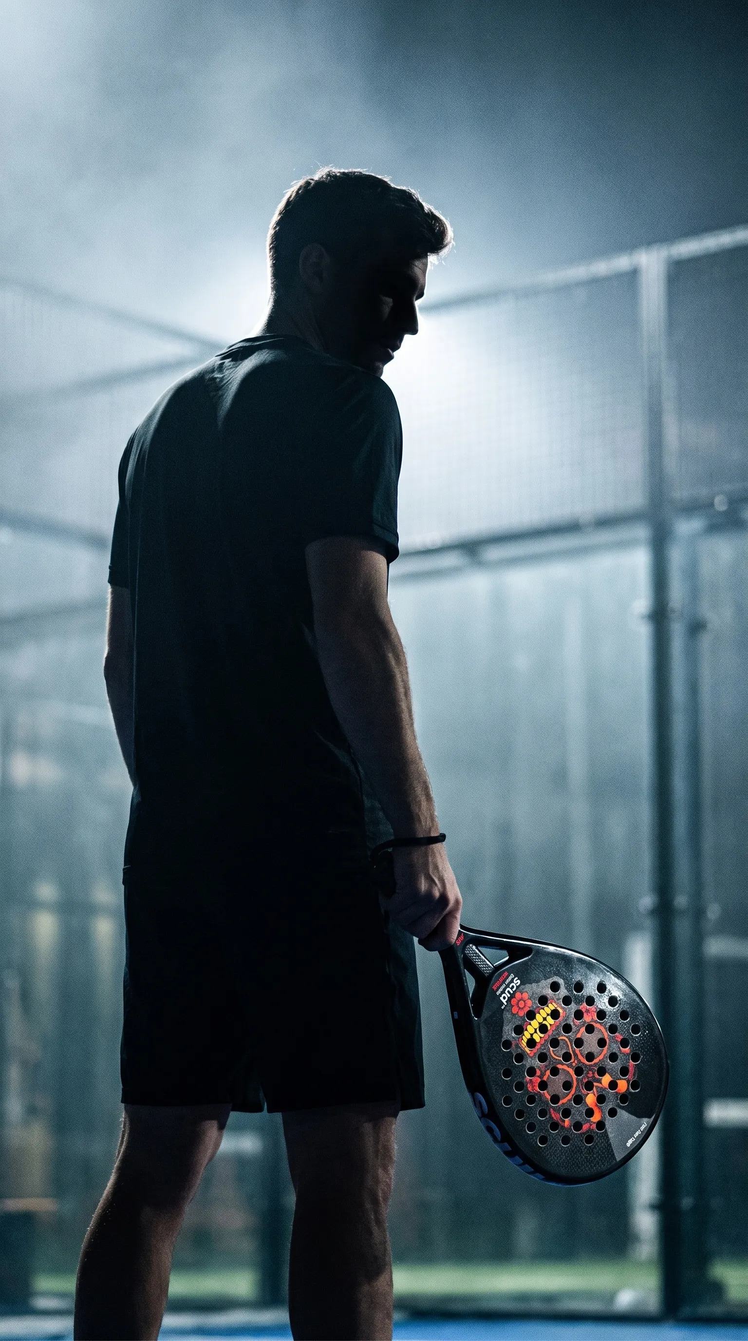 Jogador de padel de costas, virado para um campo de vidro envolto em névoa, com a SCUD Black Impact B3 na mão