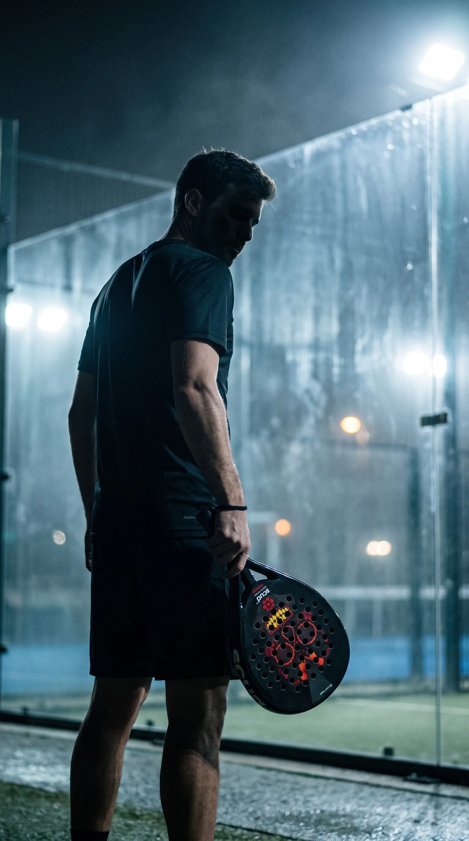 Jogador de padel visto de costas, à chuva, de frente para um campo de vidro iluminado, raquete SCUD na mão