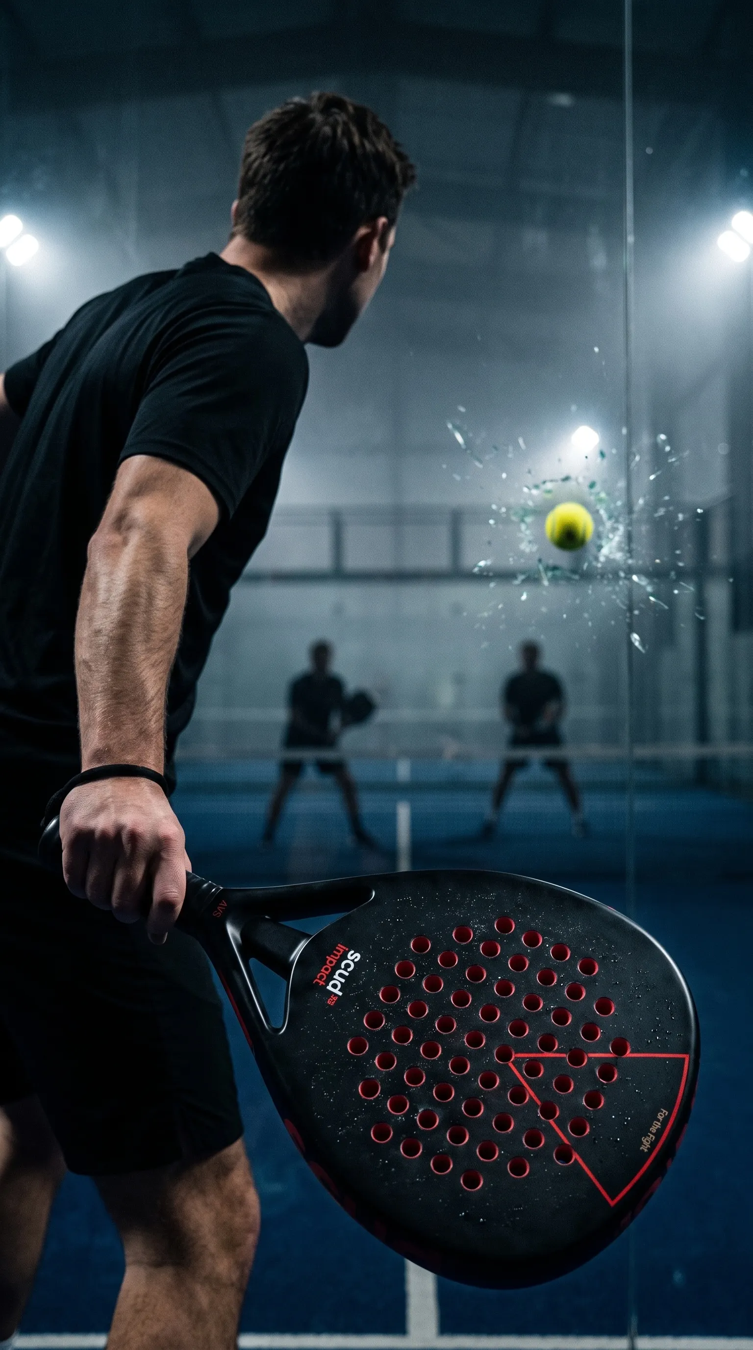 Jogador de padel com uma raquete SCUD na mão enquanto uma bola bate no vidro à sua frente, num campo à noite