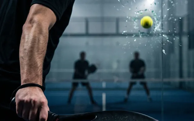 Jogador de padel com uma raquete SCUD na mão enquanto uma bola bate no vidro à sua frente, num campo à noite