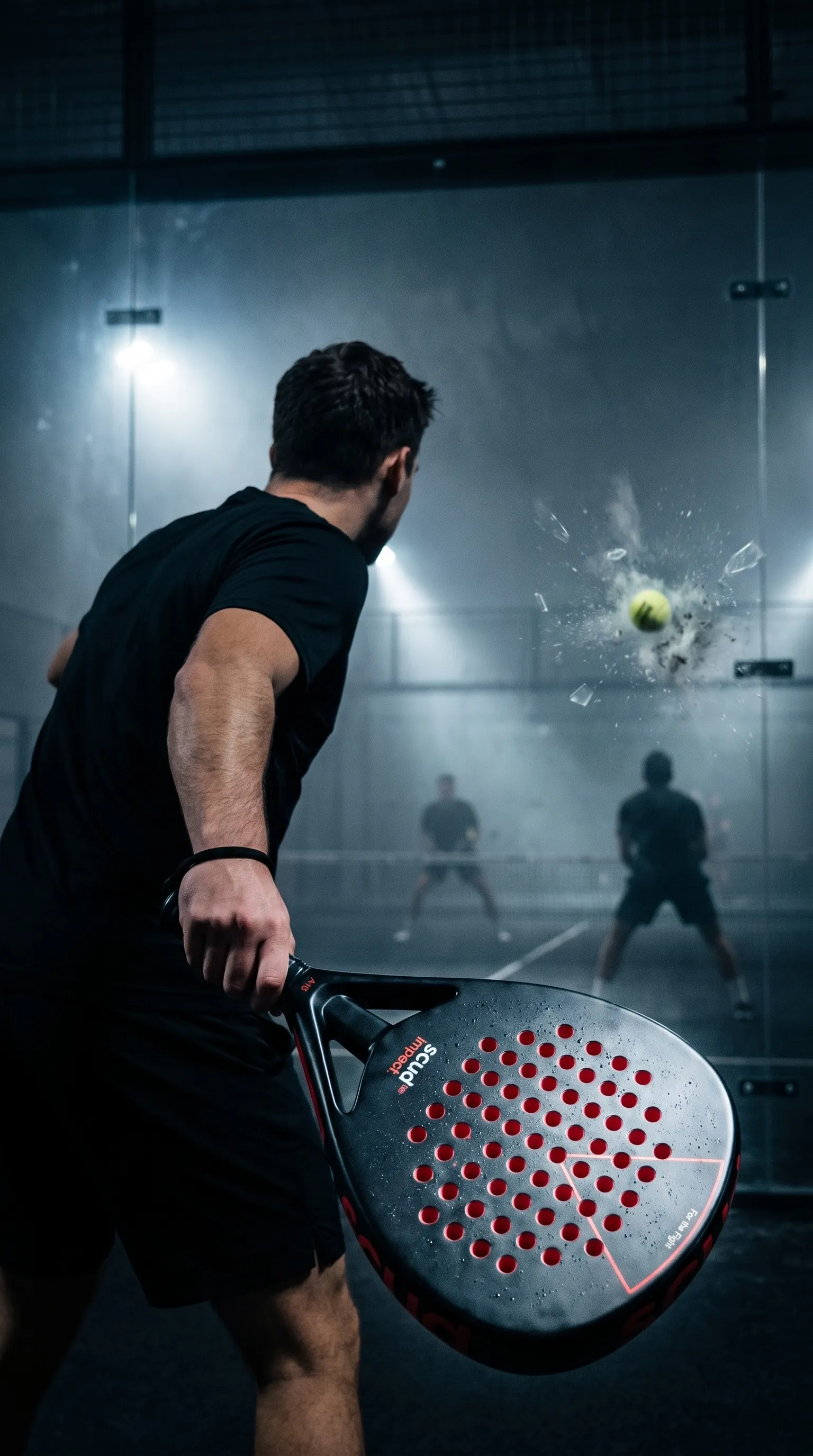 Jogador de padel pronto a bater, raquete SCUD à altura da anca, bola a rebentar contra o vidro