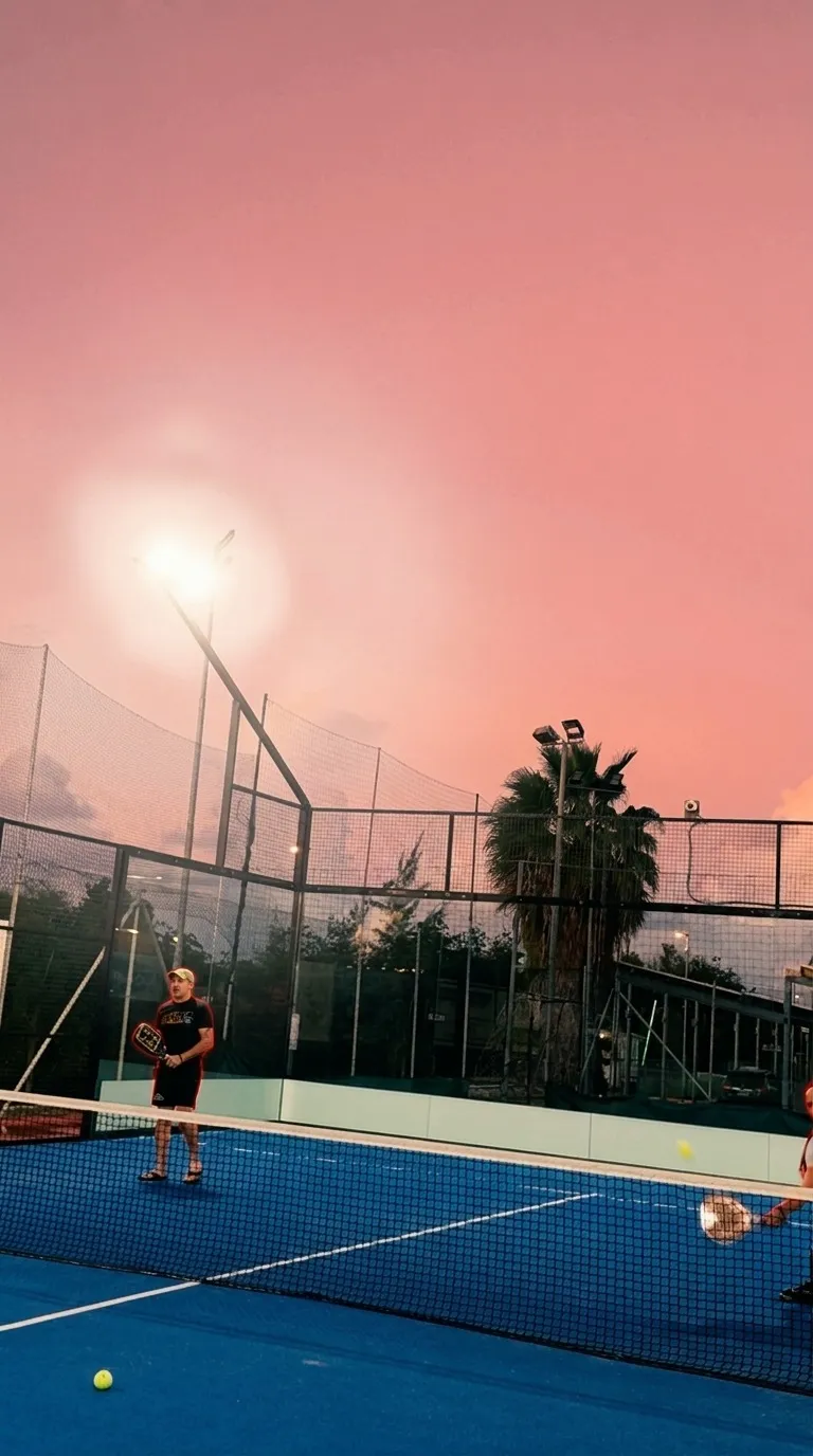 Un jugador al fondo de la pista, cielo rosa tras la malla