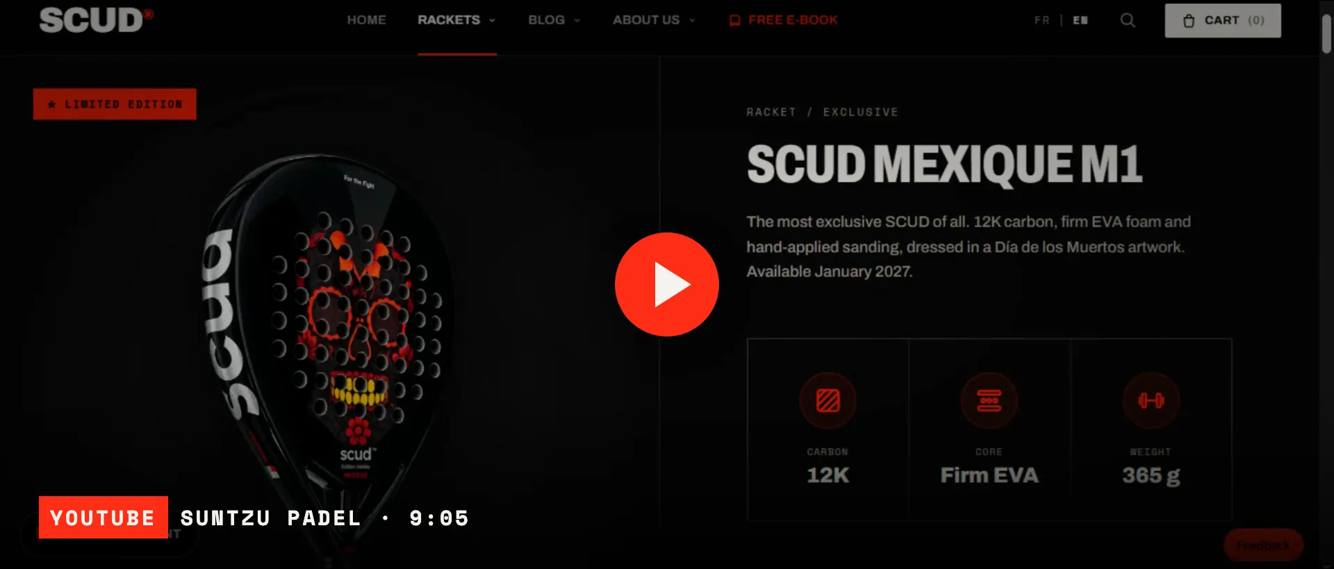 Imagem do vídeo do SunTzu Padel: a página da SCUD Mexique M1 em scud.life, com carbono 12K, Firm EVA e 365 g