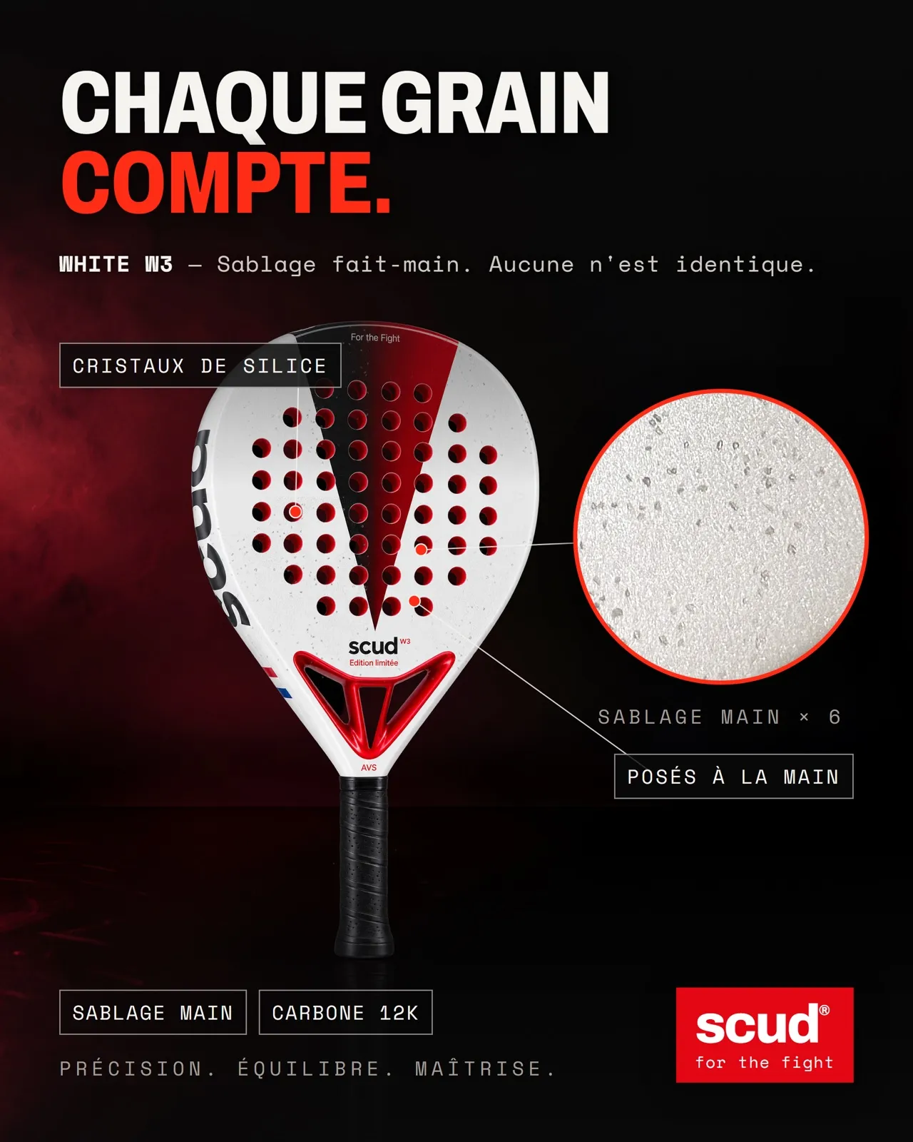 Affiche « Chaque grain compte » : la White S3 et un zoom sur les cristaux de silice posés à la main