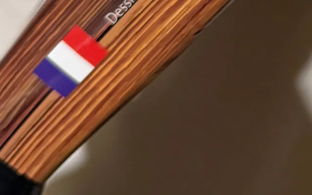 Macro of the wooden edge of the SCUD Wood S1 with the French flag and the words 'Dessinée à Paris'